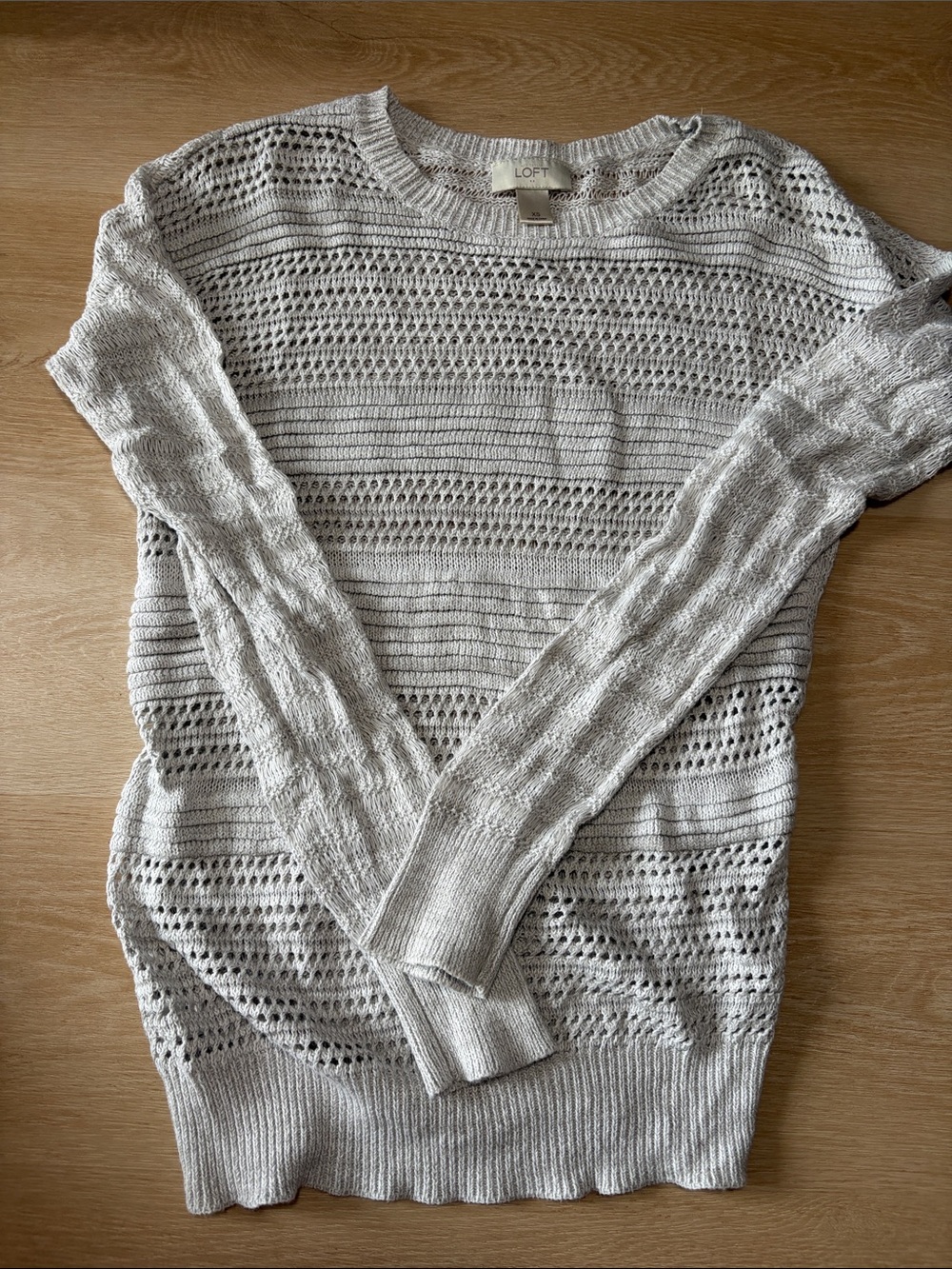 LOFT Open-Knit Crewneck Sweater in Light Gray